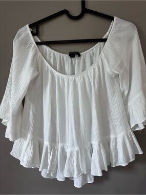 Off Shoulder Ruffle Hi Lo Crop Top Off White